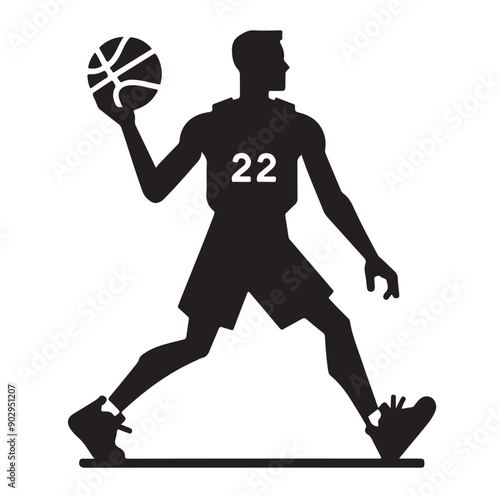 A black and white picture of a basketball player with the ball in his hand silhouette  