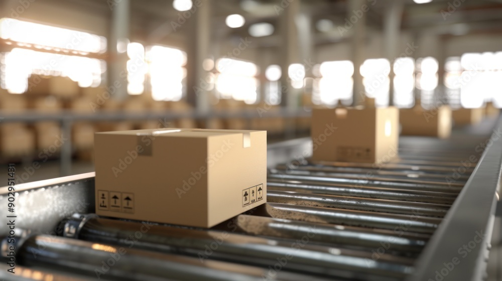 Cardboard boxes on conveyor rollers ready to be shipped by courier for distribution Cardboard boxes on conveyor rollers ready to be shipped by courier for distribution