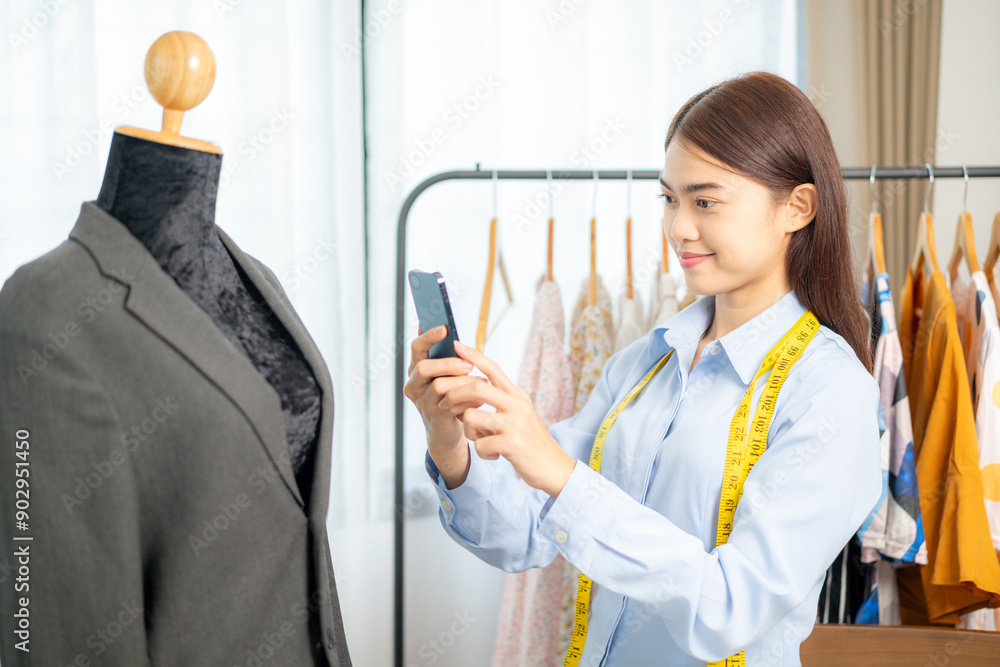 A tailor is using a phone to take a picture of a newly finished outfit A tailor is using a phone to take a picture of a newly finished outfit