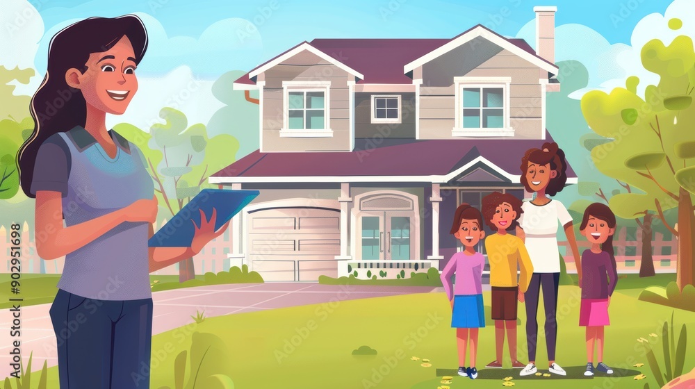 Family Gathering in Front of a Charming Suburban Home on a Sunny Day Family Gathering in Front of a Charming Suburban Home on a Sunny Day