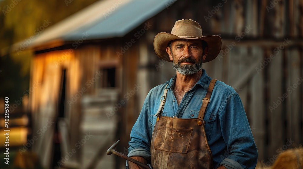 The Rugged Cowboy: A portrait of a weathered and seasoned cowboy, standing with a hammer in hand against a backdrop of a rustic wooden cabin The Rugged Cowboy: A portrait of a weathered and seasoned cowboy, standing with a hammer in hand against a backdrop of a rustic wooden cabin