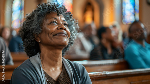 Elderly woman smiling and gazing upward with hope at a church gathering