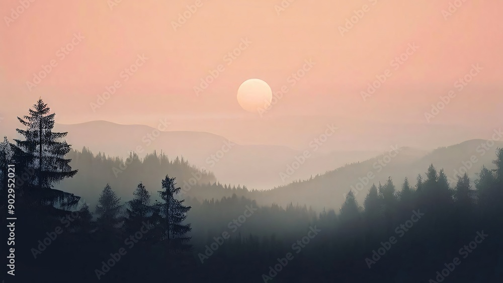 Calm and simple background (wallpaper) with delicate texture with mountains, trees, fog, sun, and moon. Calm and simple background (wallpaper) with delicate texture with mountains, trees, fog, sun, and moon.
