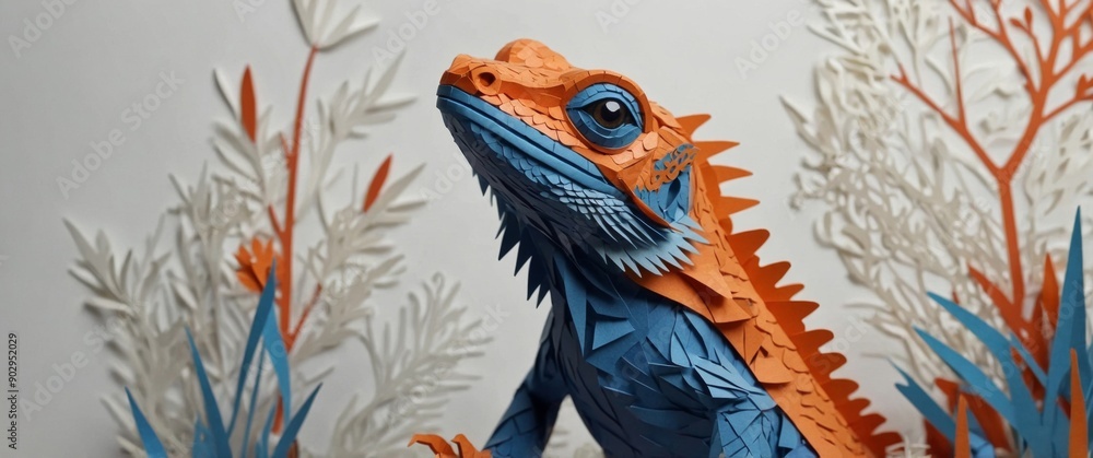 A blue and orange lizard with glasses on its face. A blue and orange lizard with glasses on its face.