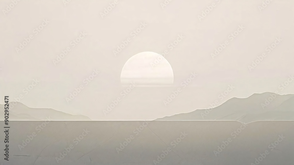 Fototapeta premium Calm and simple background (wallpaper) with delicate texture with mountains, trees, fog, sun, and moon.