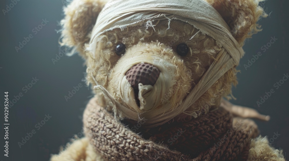 Naklejka premium Teddy bear in a gauze bandage on his face , generative ai