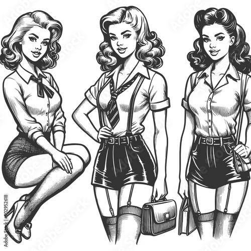 three pin-up girls in office attire, exuding retro charm and professional style sketch engraving generative ai fictional character vector illustration. Scratch board imitation. Black and white image.