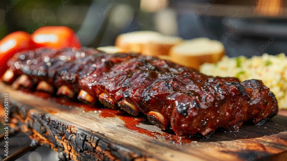 Ribs are being cooked on a grill, with a lot of sauce on them. Concept of warmth and comfort, as the ribs are being cooked over an open flame, and the sauce adds a rich, savory flavor Ribs are being cooked on a grill, with a lot of sauce on them. Concept of warmth and comfort, as the ribs are being cooked over an open flame, and the sauce adds a rich, savory flavor