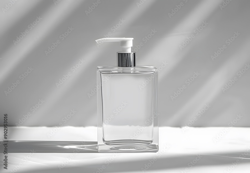 Modern square glass bottle with pump for liquid soap or beauty product on white background, mockup template. Modern square glass bottle with pump for liquid soap or beauty product on white background, mockup template.