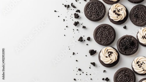 Cream and delicious cookies against a white background, Generative AI. photo