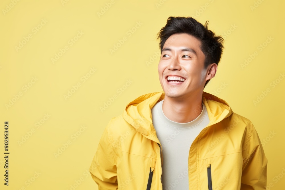Portrait of a cheerful asian man in his 20s sporting a technical climbing shirt isolated in pastel yellow background Portrait of a cheerful asian man in his 20s sporting a technical climbing shirt isolated in pastel yellow background