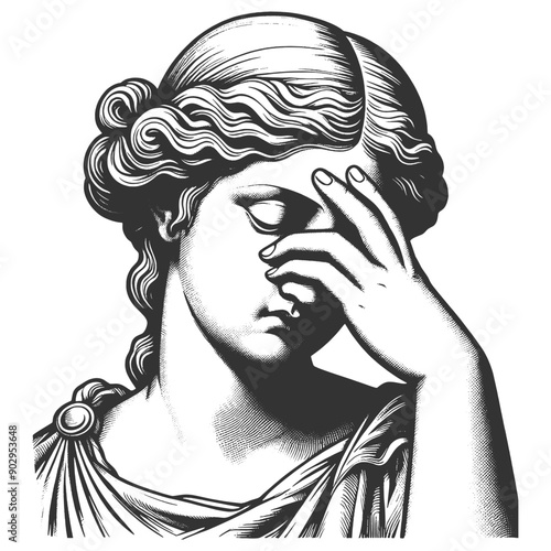 classical statue with a facepalm expression, frustration or disappointment in detailed line art sketch engraving generative ai vector illustration. Scratch board imitation. Black and white image.