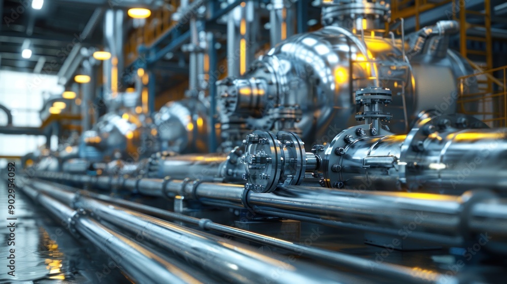 A complex piping infrastructure in a pharmaceutical manufacturing facility, highlighting the sterile environment. A complex piping infrastructure in a pharmaceutical manufacturing facility, highlighting the sterile environment.