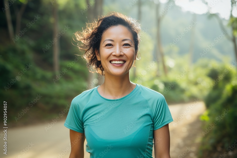 Portrait of a grinning asian woman in her 30s sporting a breathable mesh jersey over pastel green background Portrait of a grinning asian woman in her 30s sporting a breathable mesh jersey over pastel green background
