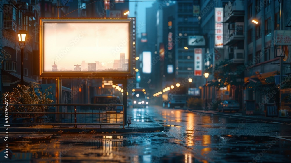 An empty street billboard stand in a busy urban business center, highlighted by dynamic lighting and a bustling environment. An empty street billboard stand in a busy urban business center, highlighted by dynamic lighting and a bustling environment.