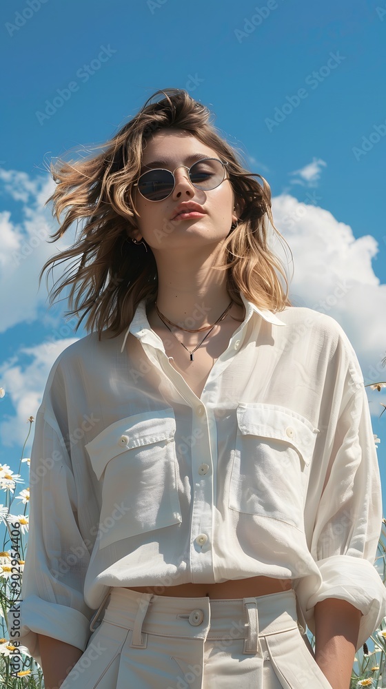 Stylish Summer Vibes: A Young Woman in a White Outfit Against a Bright Blue Sky Stylish Summer Vibes: A Young Woman in a White Outfit Against a Bright Blue Sky