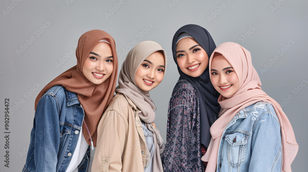 Four young women in hijab posing together with a grey backdrop, all smiles Four young women in hijab posing together with a grey backdrop, all smiles