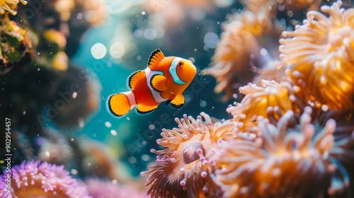  a vibrant clownfish, orange and white stripes, swimming near a colorful coral reef