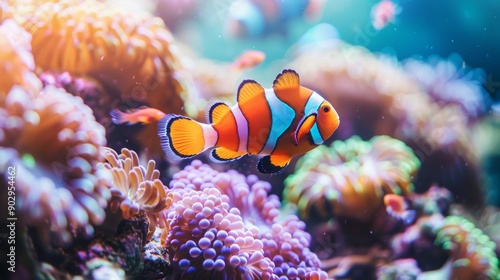  a vibrant clownfish, orange and white stripes, swimming near a colorful coral reef
