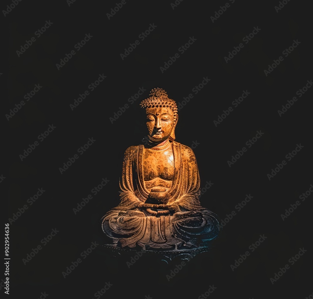 Illuminated golden Buddha statue in meditation, emerging from the darkness, symbolizing enlightenment and inner peace. Illuminated golden Buddha statue in meditation, emerging from the darkness, symbolizing enlightenment and inner peace.