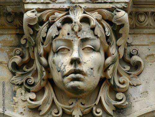 Elaborate Stone Face Carving Surrounded by Ornate Floral Designs on Building Facade