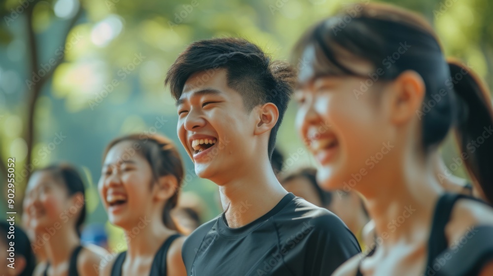 A group of Asian students in sportswear exercising together in a park A group of Asian students in sportswear exercising together in a park