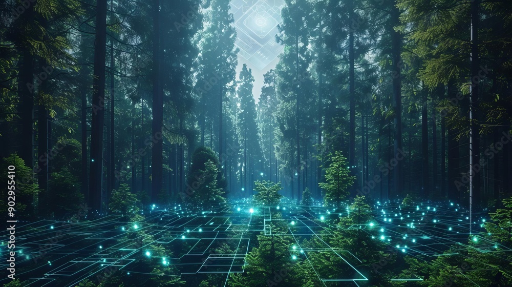 Obraz premium Smart forestry analytics, holographic data overlay, futuristic forest management, digital sensors