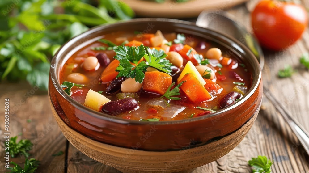 A bowl of soup with beans, carrots, and potatoes. The bowl is brown and the spoon is silver A bowl of soup with beans, carrots, and potatoes. The bowl is brown and the spoon is silver