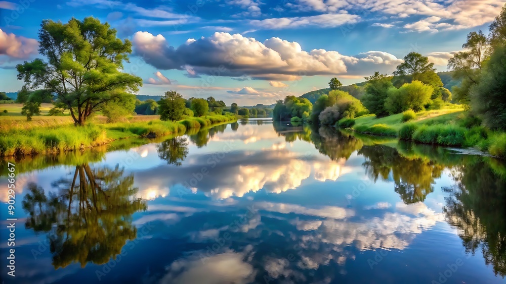 Obraz premium Find a calm section of a river where the surrounding landscape is reflected in the water