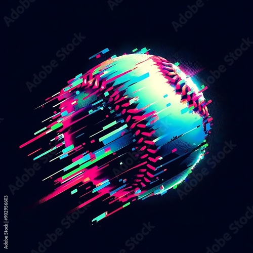 Dynamic digital artwork depicting a baseball with a glitch effect.