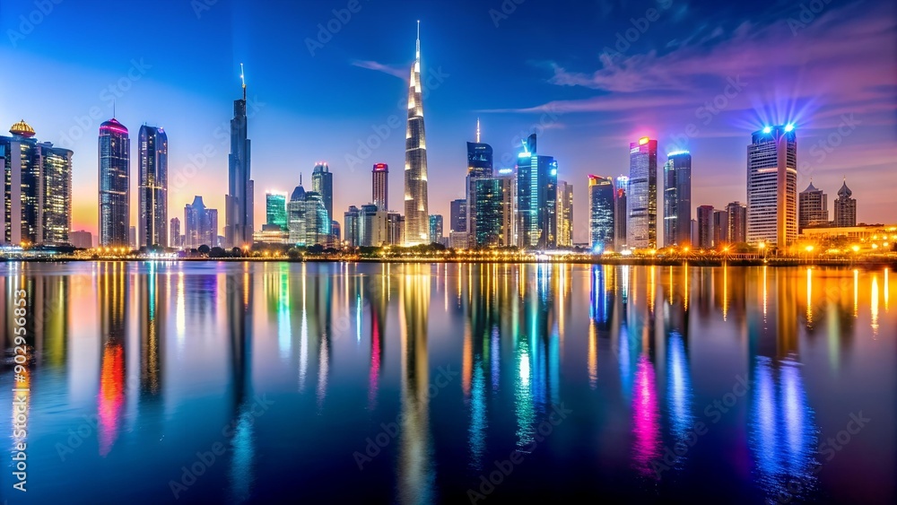 Fototapeta premium Dubai Skyline Bathed in Neon AI Generated