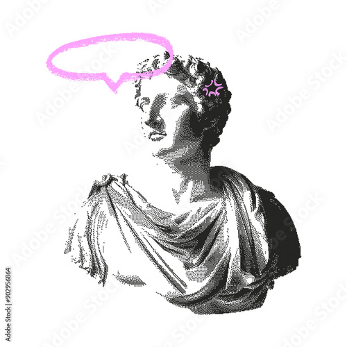 Halftone punk male statue bust. Vintage antique greek aesthetic. Vector grunge Y2k illustration. Contemporary collage elements with retro dotted stipple effect. Suitable for t-shirts, designs.