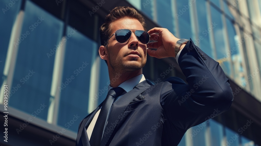 A professional bodyguard in a suit wearing sunglasses A professional bodyguard in a suit wearing sunglasses