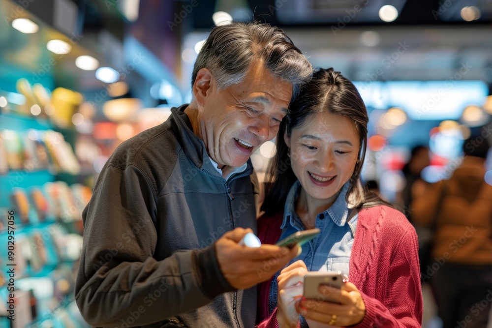 Portrait of a jovial asian couple in their 40s buying a smartphone in store Portrait of a jovial asian couple in their 40s buying a smartphone in store