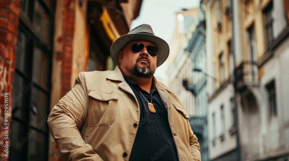 Obraz premium Fat man in a stylish outfit, posing confidently in an urban setting