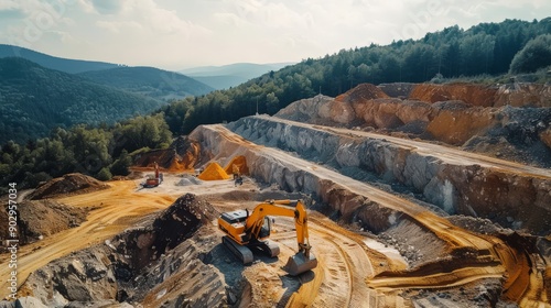 The excavator is working at a quarry for the extraction of crushed stone. photo