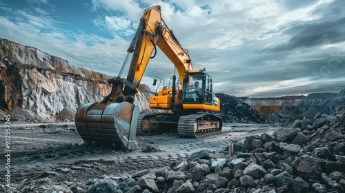 The excavator is working at a quarry for the extraction of crushed stone.