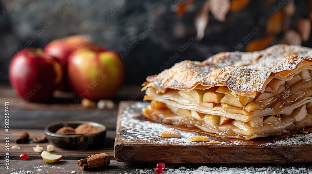 Layered, well baked apple strudel with copy space, Generative AI. Layered, well baked apple strudel with copy space, Generative AI.