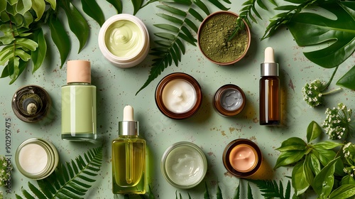 Aesthetic Arrangement of Natural Skincare Products Surrounded by Lush Greenery