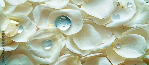 Macro shot of floating jasmine petals with a water drop perfect for backgrounds Top view flat lay image with ample copy space photo