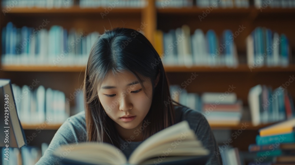An Asian college girl studying in a library An Asian college girl studying in a library