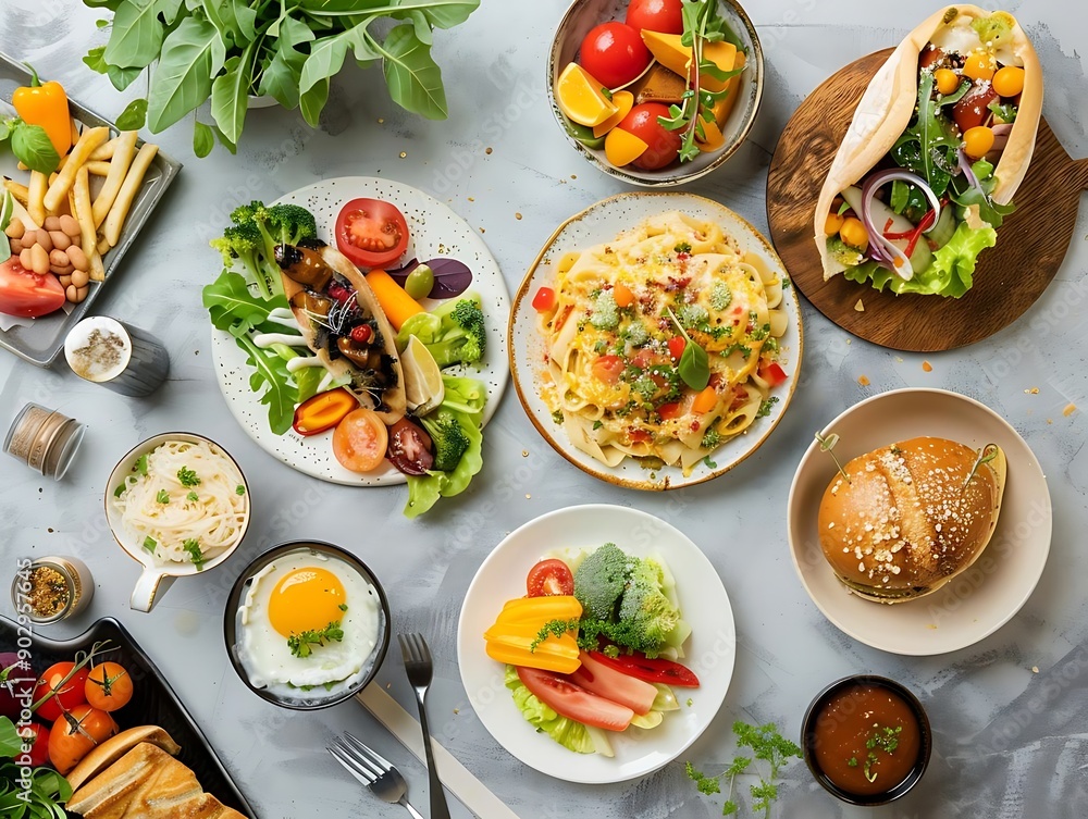 Delicious Food Photography: A Spread of Plates with Various Dishes on a Grey Background Delicious Food Photography: A Spread of Plates with Various Dishes on a Grey Background