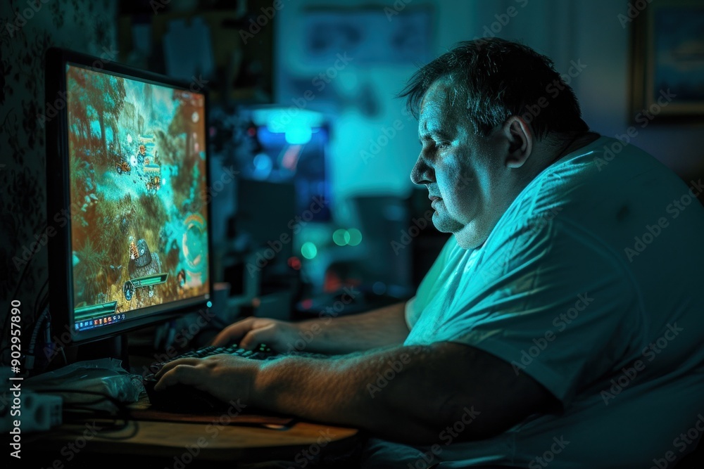 Overweight man sitting at desk playing video game. Male with bad habits is sitting in front of computer Overweight man sitting at desk playing video game. Male with bad habits is sitting in front of computer