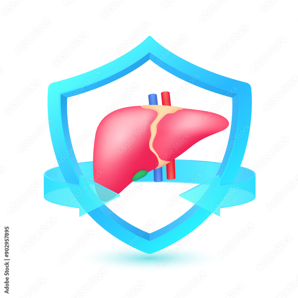 Liver human in shield surrounded by blue arrow. Protection symbol health care. Medical science concept. Organ model cartoon style 3d isolated on white background. Vector EPS 10. Liver human in shield surrounded by blue arrow. Protection symbol health care. Medical science concept. Organ model cartoon style 3d isolated on white background. Vector EPS 10.