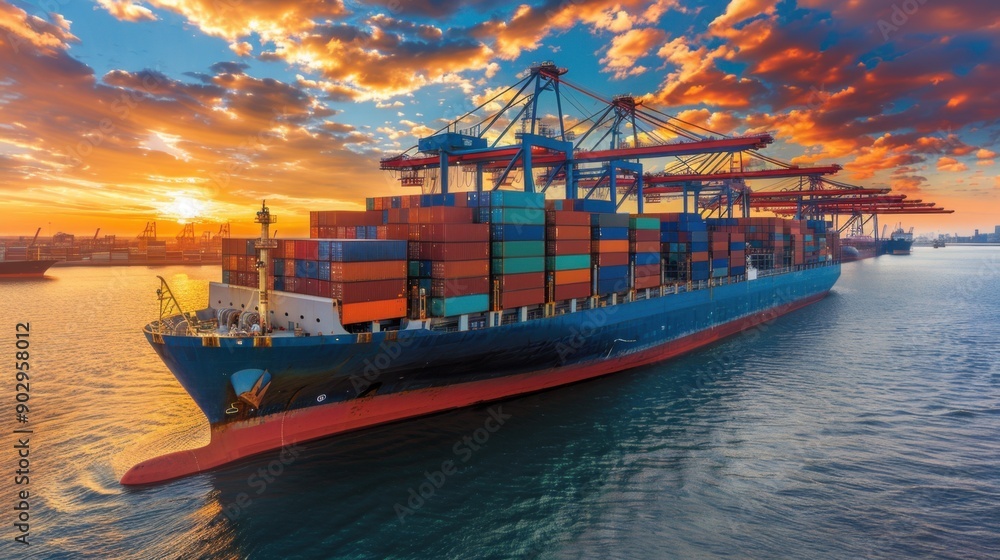 Fototapeta premium Large cargo ship loaded with colorful containers navigating at sunrise, symbolizing global trade and logistics on ocean waters.