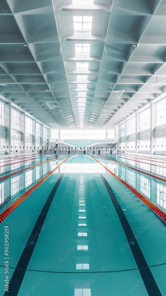 Fototapeta premium Bright and Fresh Indoor Olympic Swimming Pool Stadium: Conceptual Sports Arena Design for Web Backgrounds and Wallpapers. High-Resolution 4K Rendering of a Modern Aquatic Facility with Clean Lines and