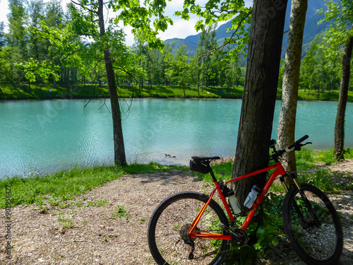Tableau sur toile Mountain bike mtb leaning against a tree with view of lake Lago di Cavazzo on Alpe Adria trail in Friuli-Venezia Giulia, Italy, Europe