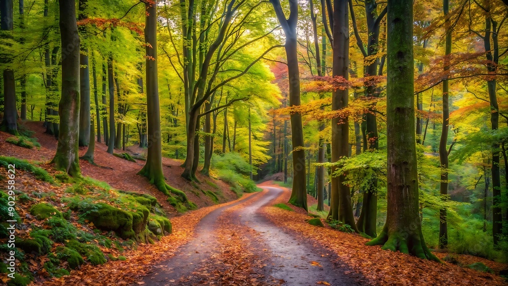 Fototapeta premium Photograph a winding path through a dense forest, highlighting the textures and colors of the trees and foliage