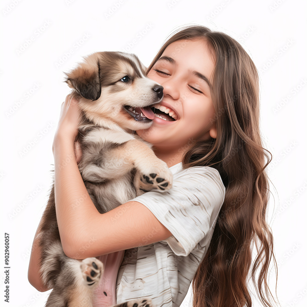 Girl Hugging a Puppy in an Animal Shelter, Both Smiling.