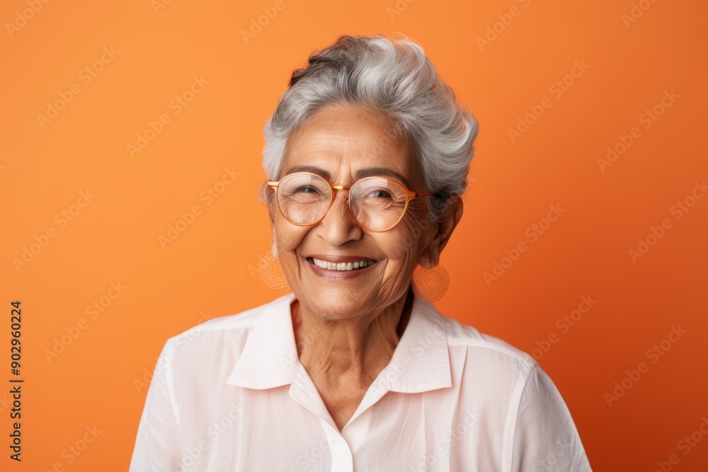 Portrait of a blissful indian elderly woman in her 90s wearing a classic white shirt isolated on pastel orange background Portrait of a blissful indian elderly woman in her 90s wearing a classic white shirt isolated on pastel orange background